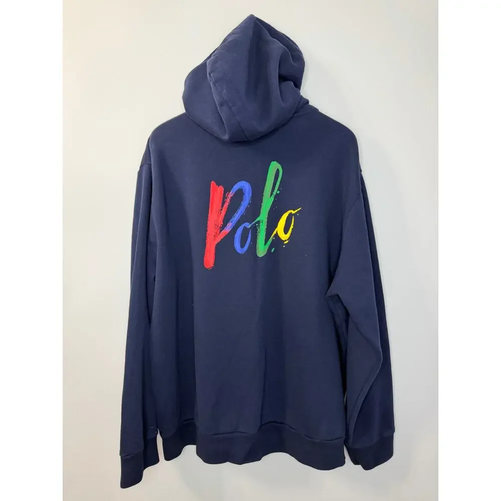Polo Ralph Lauren Full Zip Hoodie Rainbow Spellout Pony Logo Sweatshirt Blue XXL